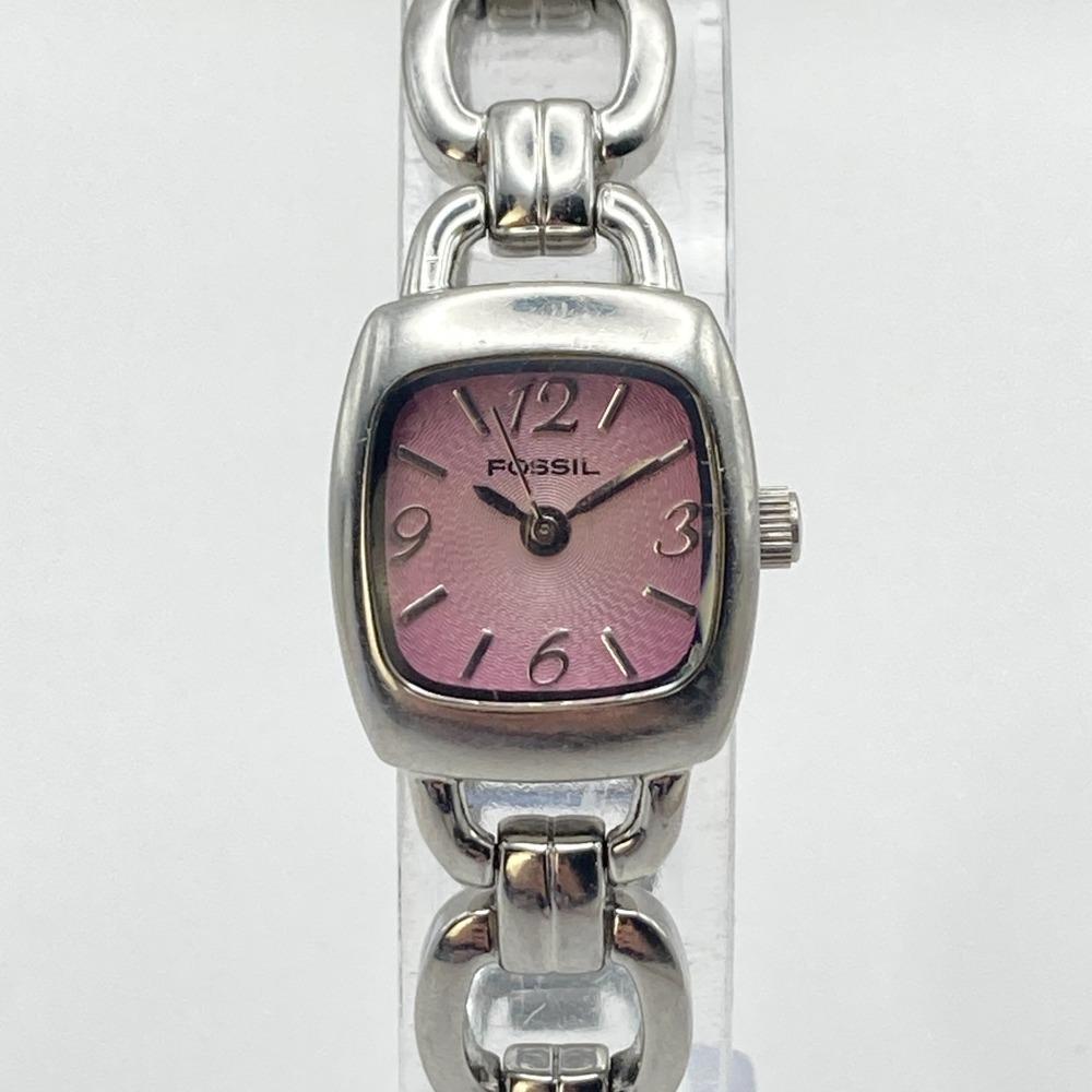 Fossil F2 Women's Watch 18mm Silver Tone Pink Dial w/Extenders New Battery 6.75"